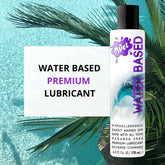 Image of a bottle of Wet Original Gel Water-Based Lubricant, perfect for all your needs, placed over a background of a clear blue pool with palm leaves. Text on the bottle highlights that it is hypoallergenic, sex toys compatible, easily washes off, paraben-free, and 6.0 fl oz (178 mL).
